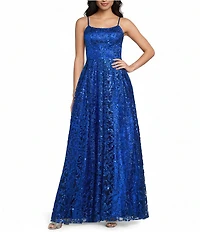 Blondie Nites Glitter Patterned Scoop Neck Open Tie Back Ballgown