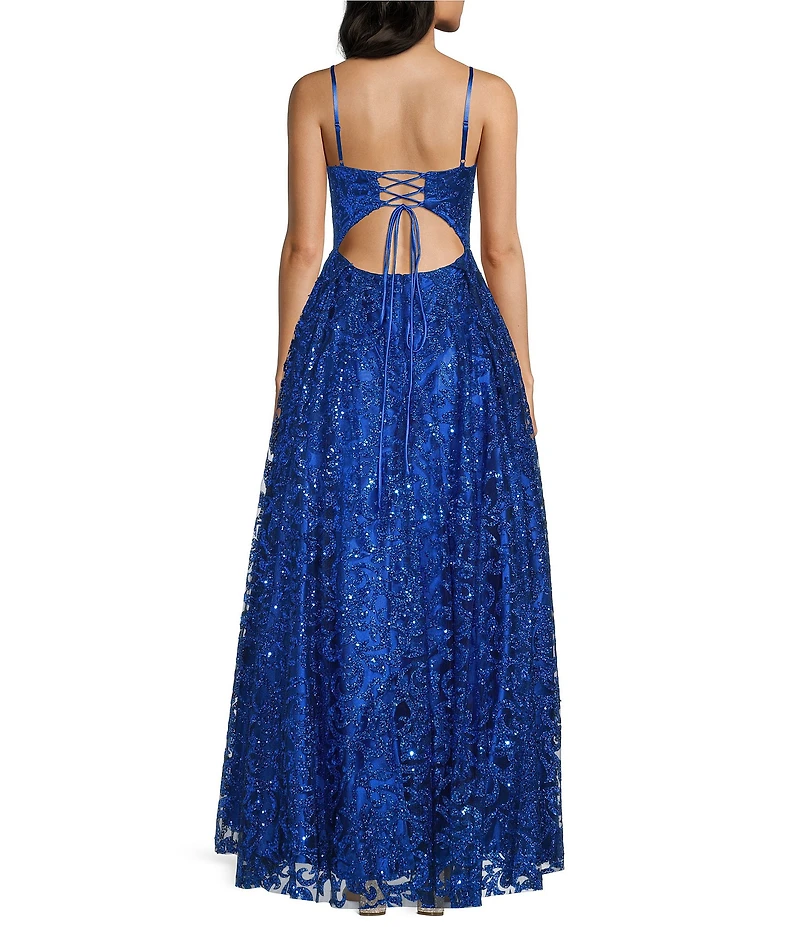 Blondie Nites Glitter Patterned Scoop Neck Open Tie Back Ballgown