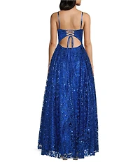 Blondie Nites Glitter Patterned Scoop Neck Open Tie Back Ballgown