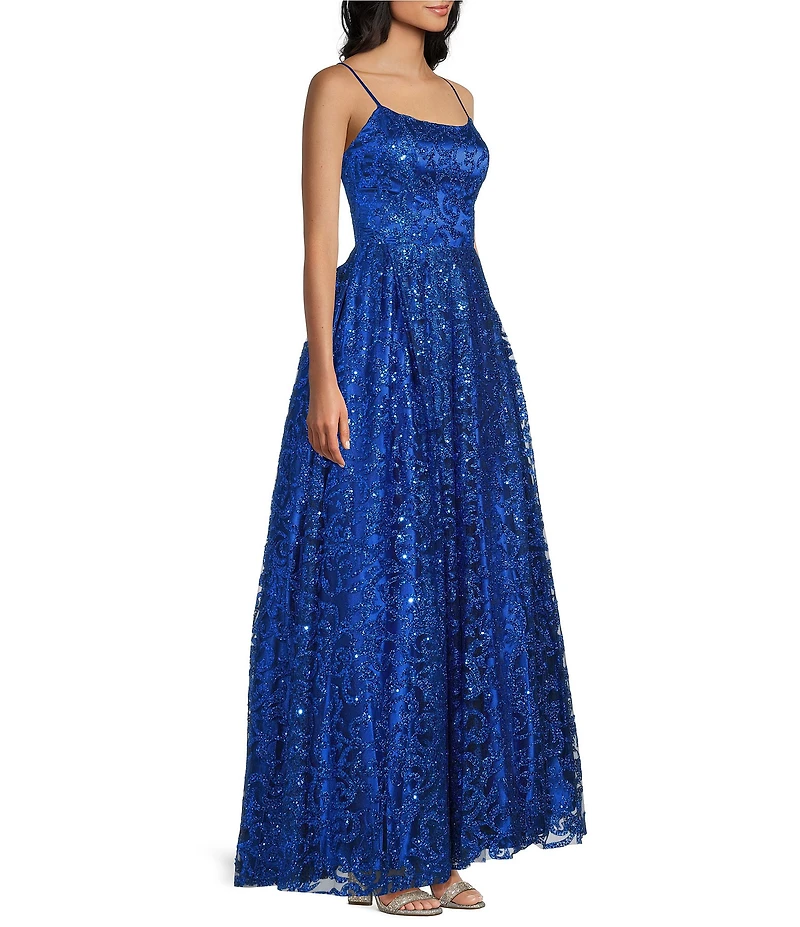 Blondie Nites Glitter Patterned Scoop Neck Open Tie Back Ballgown
