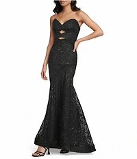 Blondie Nites Glitter Patterned Strapless Cutout Lace Up Tie Back Dress