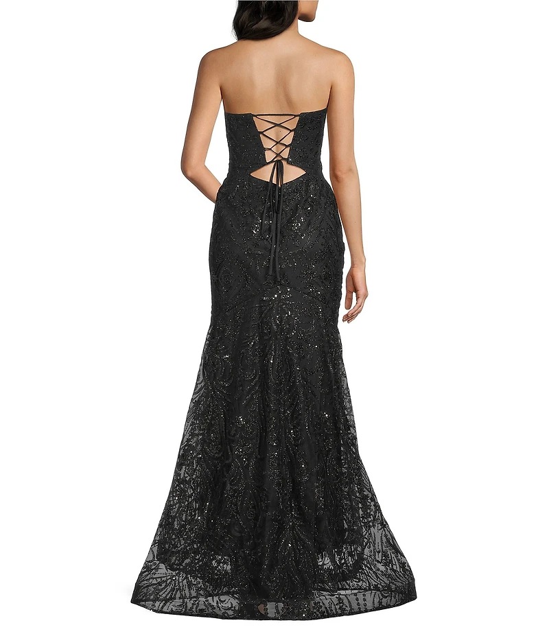 Blondie Nites Glitter Patterned Strapless Cutout Lace Up Tie Back Dress