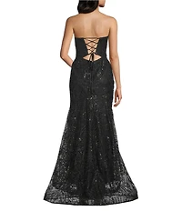 Blondie Nites Glitter Patterned Strapless Cutout Lace Up Tie Back Dress