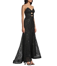 Blondie Nites Glitter Patterned Strapless Cutout Lace Up Tie Back Dress
