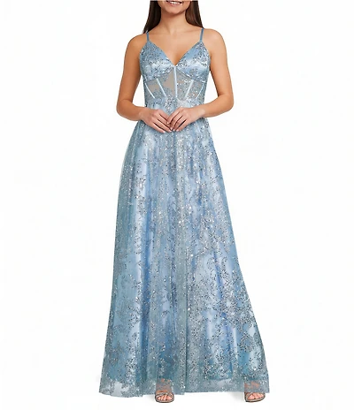 Blondie Nites Glitter Patterned Sweetheart Neck Illusion Corseted Lace Up Tie Back Long Dress