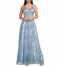 Blondie Nites Glitter Patterned Sweetheart Neck Illusion Corseted Lace Up Tie Back Long Dress