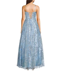 Blondie Nites Glitter Patterned Sweetheart Neck Illusion Corseted Lace Up Tie Back Long Dress