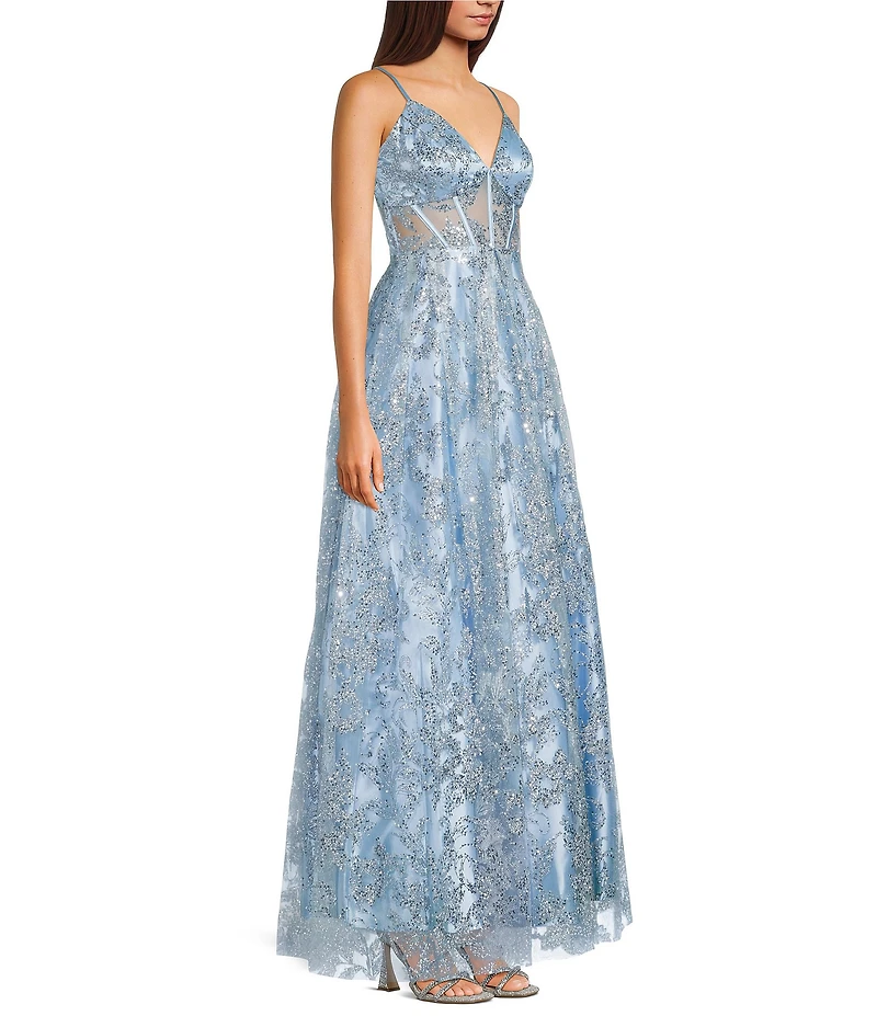 Blondie Nites Glitter Patterned Sweetheart Neck Illusion Corseted Lace Up Tie Back Long Dress