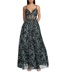 Blondie Nites Glitter Patterned Sweetheart Neck Illusion Corseted Long Dress