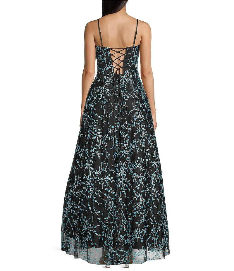 Blondie Nites Glitter Patterned Sweetheart Neck Illusion Corseted Long Dress