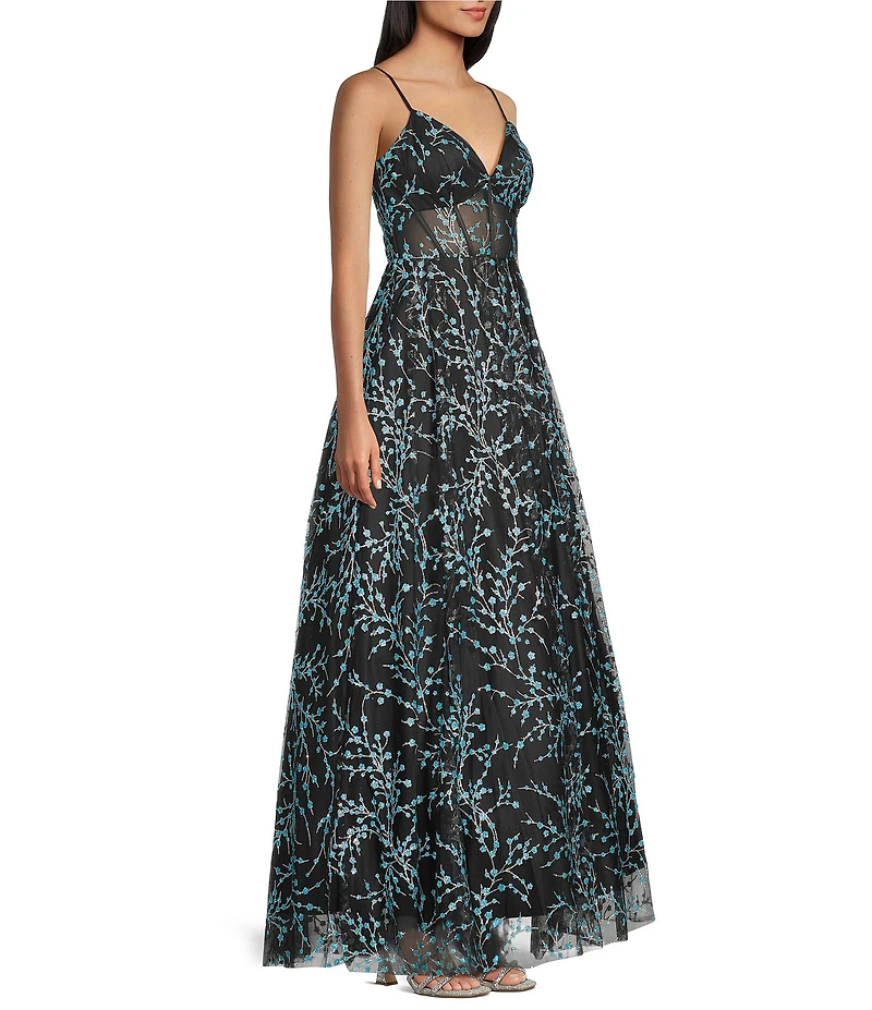 Blondie Nites Glitter Patterned Sweetheart Neck Illusion Corseted Long Dress