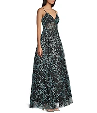 Blondie Nites Glitter Patterned Sweetheart Neck Illusion Corseted Long Dress