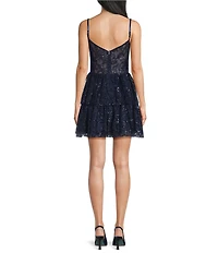 Blondie Nites Glitter Patterned Sweetheart Neck Sheer Illusion Corse Ruffled Fit-And-Flare Dress