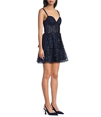 Blondie Nites Glitter Patterned Sweetheart Neck Sheer Illusion Corse Ruffled Fit-And-Flare Dress