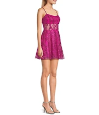 Blondie Nites Glitter Scoop Neck Illusion Corset Bodice Dress