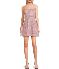 Blondie Nites Glitter Scoop Neck Lace-Up Tie Back Fit-And-Flare Dress