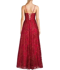 Blondie Nites Glitter Sequin Accent Notch Front Lace Up Back Ball Gown