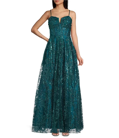 Blondie Nites Glitter Sequin Accent Notch Front Lace Up Back Ball Gown