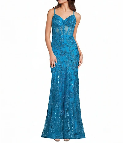 Blondie Nites Glitter Sequin Mesh Sweetheart Neck Corseted Mermaid Long Dress