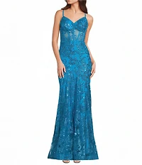 Blondie Nites Glitter Sequin Mesh Sweetheart Neck Corseted Mermaid Long Dress