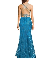 Blondie Nites Glitter Sequin Mesh Sweetheart Neck Corseted Mermaid Long Dress