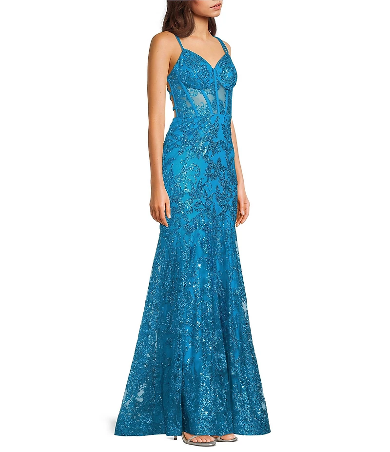 Blondie Nites Glitter Sequin Mesh Sweetheart Neck Corseted Mermaid Long Dress