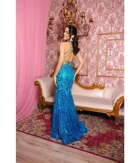 Blondie Nites Glitter Sequin Mesh Sweetheart Neck Corseted Mermaid Long Dress