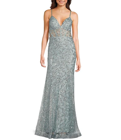 Blondie Nites Glitter Sequin Pattern V-Neck Spaghetti Strap Corset Lace-Up Back Gown