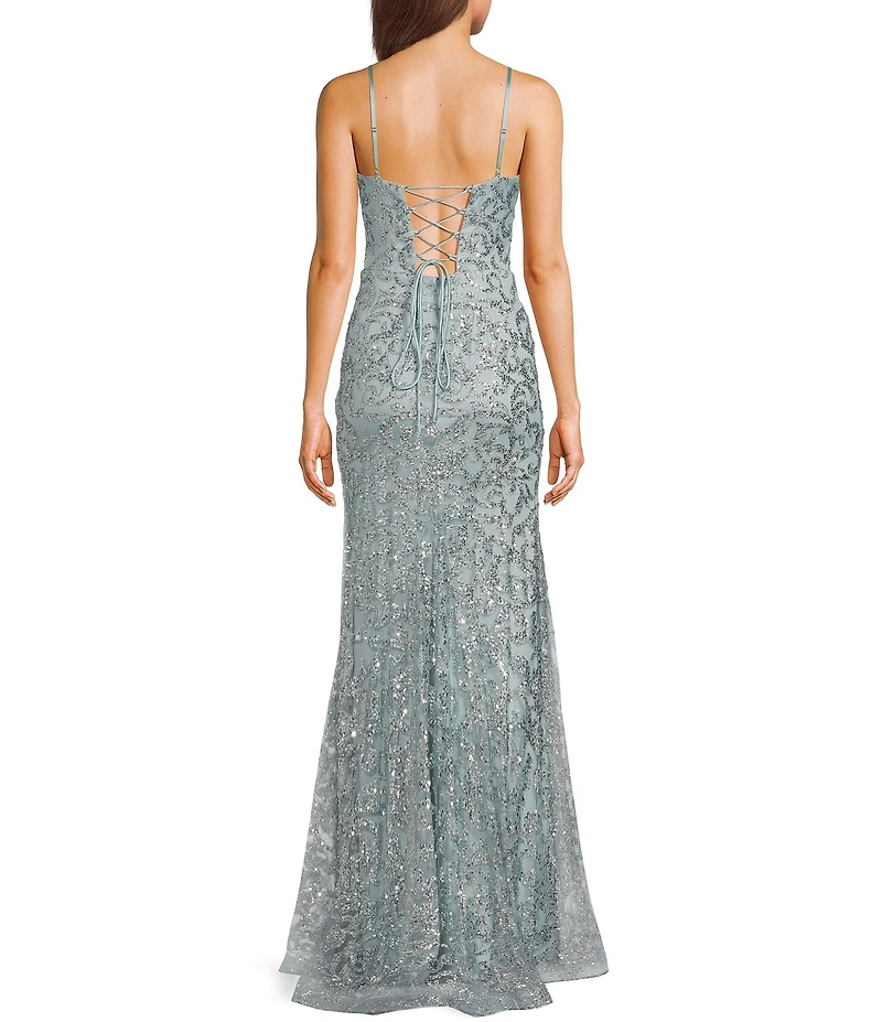Blondie Nites Glitter Sequin Pattern V-Neck Spaghetti Strap Corset Lace-Up Back Gown