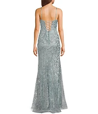 Blondie Nites Glitter Sequin Pattern V-Neck Spaghetti Strap Corset Lace-Up Back Gown