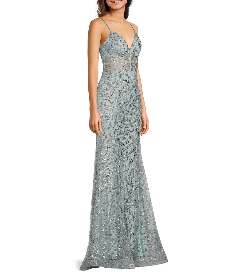 Blondie Nites Glitter Sequin Pattern V-Neck Spaghetti Strap Corset Lace-Up Back Gown