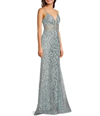 Blondie Nites Glitter Sequin Pattern V-Neck Spaghetti Strap Corset Lace-Up Back Gown