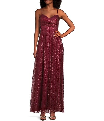 Blondie Nites Glitter Sweetheart Drape Neck Tie Back Gown