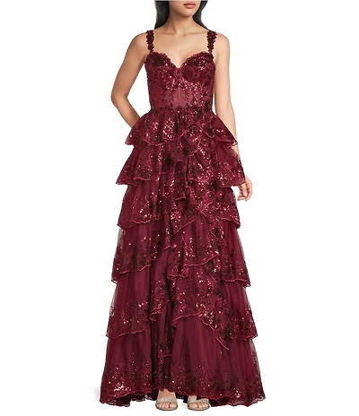 Blondie Nites Sequin Lace Sweetheart Neckline Ruffle Tiered Ball Gown