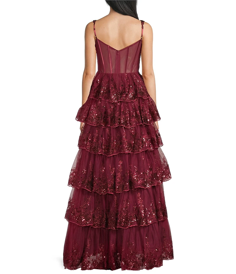 Blondie Nites Sequin Lace Sweetheart Neckline Ruffle Tiered Ball Gown