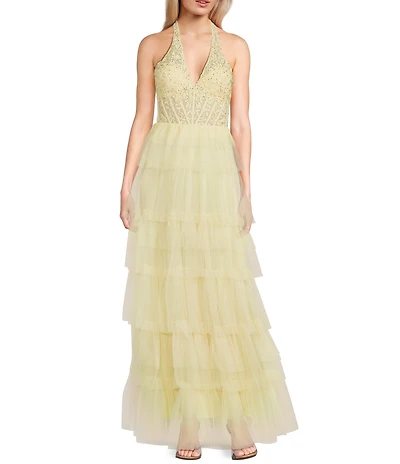 Blondie Nites Mesh Beaded Applique Halter Neck Tiered Gown