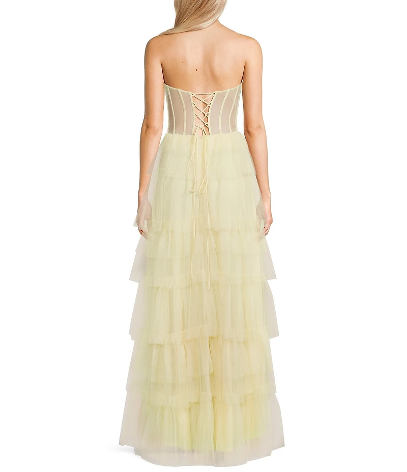 Blondie Nites Mesh Beaded Applique Halter Neck Tiered Gown