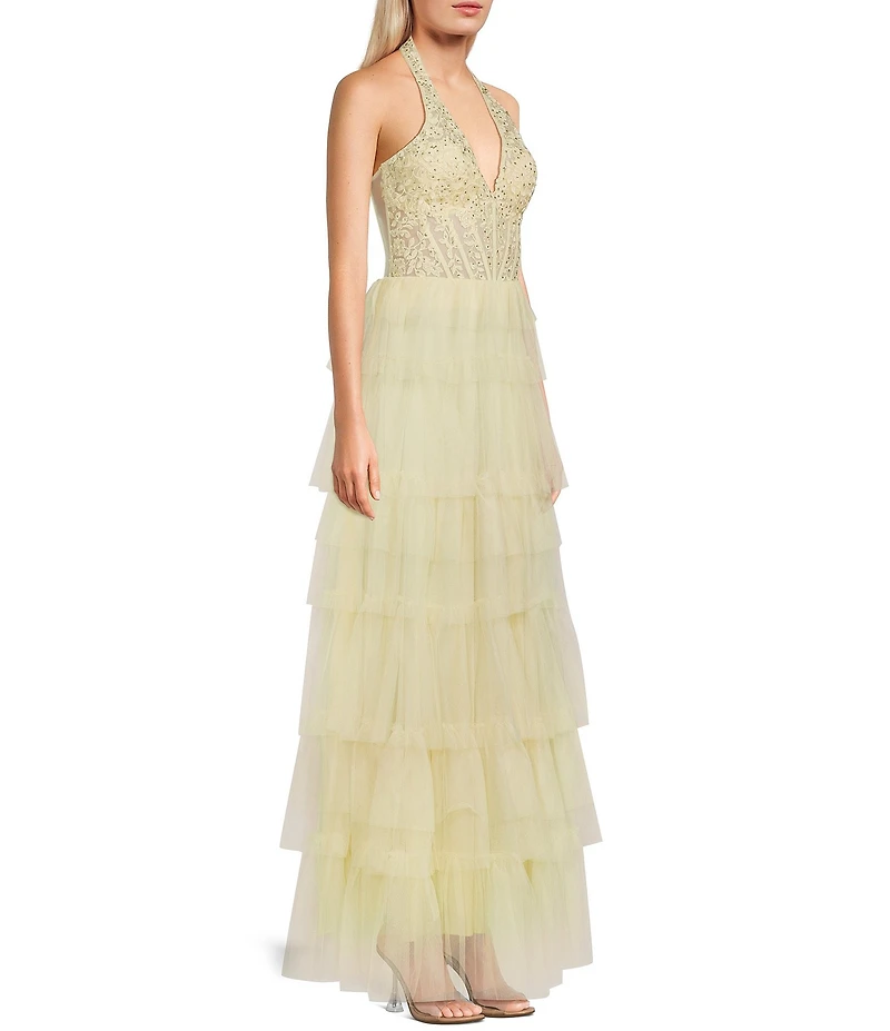 Blondie Nites Mesh Beaded Applique Halter Neck Tiered Gown