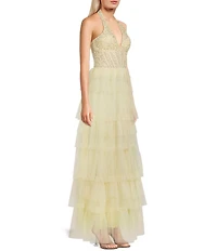 Blondie Nites Mesh Beaded Applique Halter Neck Tiered Gown