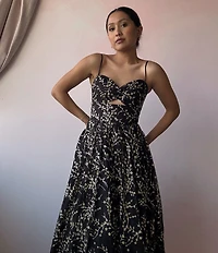 Blondie Nites Mesh Glitter Floral Sweetheart Neck Sleeveless Long Dress