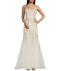 Blondie Nites Mesh Illusion Applique Scoop Neck Spaghetti Strap Tie Back Gown