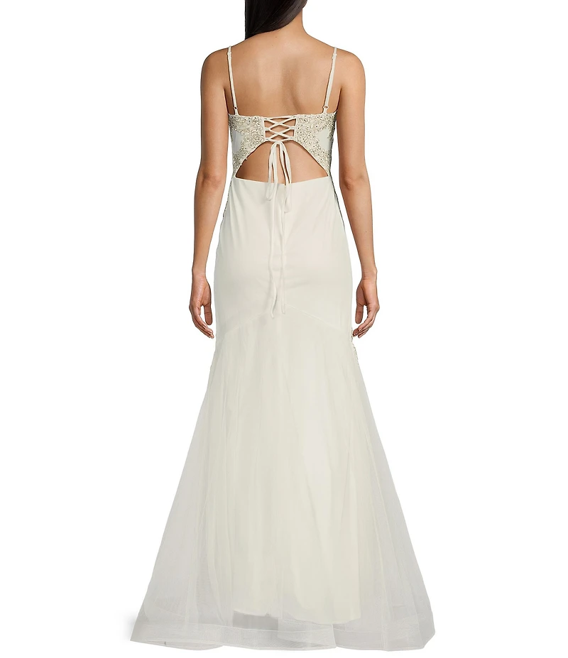 Blondie Nites Mesh Illusion Applique Scoop Neck Spaghetti Strap Tie Back Gown