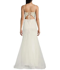 Blondie Nites Mesh Illusion Applique Scoop Neck Spaghetti Strap Tie Back Gown