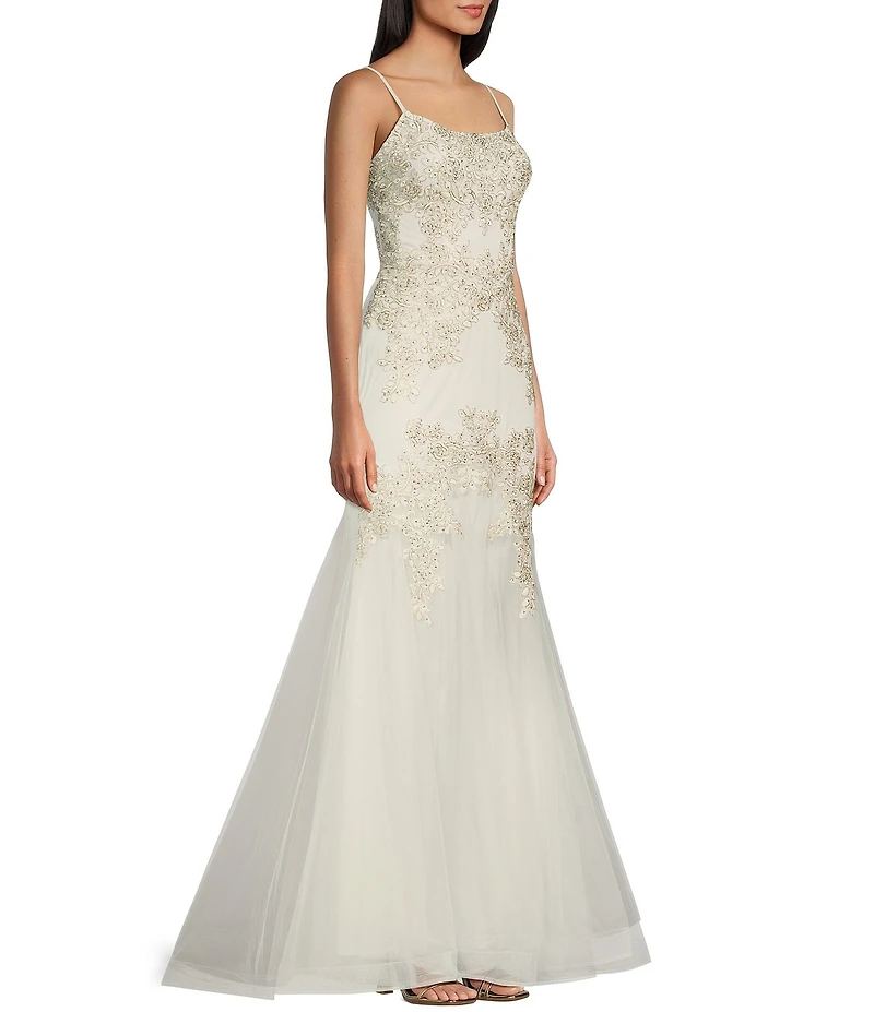 Blondie Nites Mesh Illusion Applique Scoop Neck Spaghetti Strap Tie Back Gown