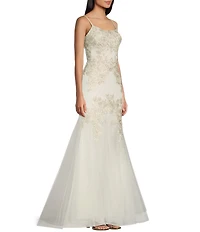 Blondie Nites Mesh Illusion Applique Scoop Neck Spaghetti Strap Tie Back Gown