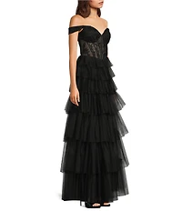 Blondie Nites Mesh Off-The-Shoulder Corset Tie Back Ruffle A-Line Gown