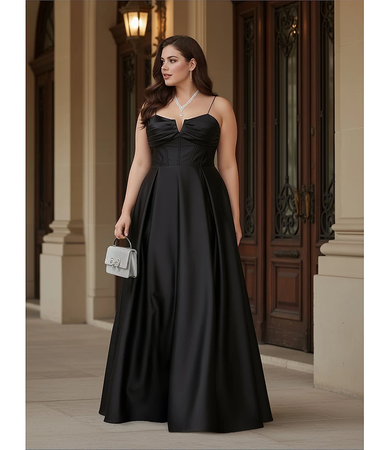 Blondie Nites Notch Neck Corset Bodice A-Line Pleated Gown