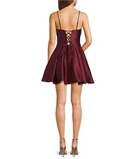 Blondie Nites Notch V-Neck Corset Pleated Tie Back Party Dress