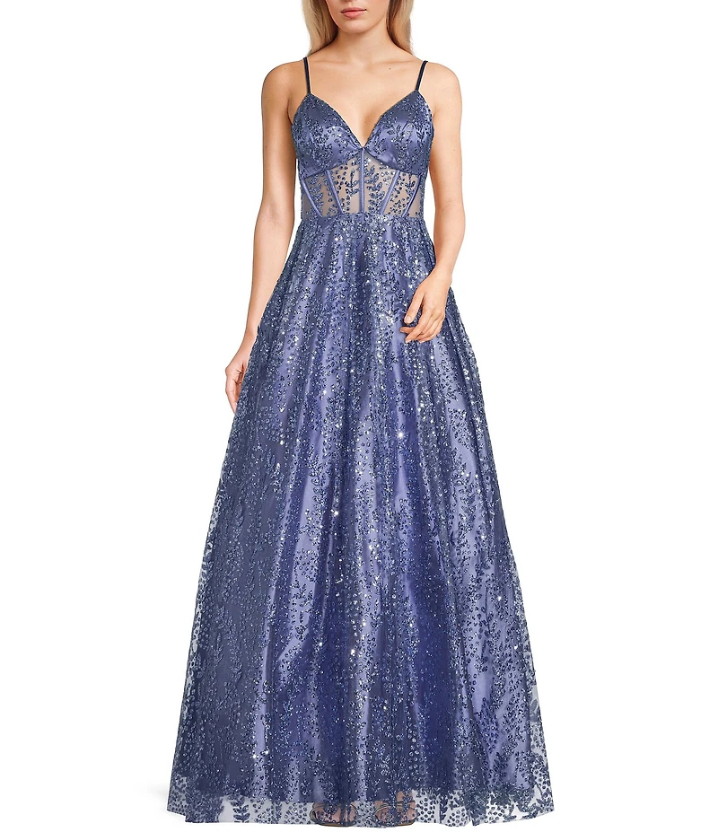 Blondie Nites Pattern Glitter Lace-Up Back Illusion Corset Ball Gown
