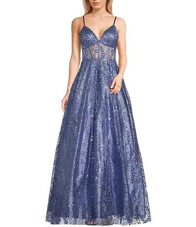 Blondie Nites Pattern Glitter Lace-Up Back Illusion Corset Ball Gown